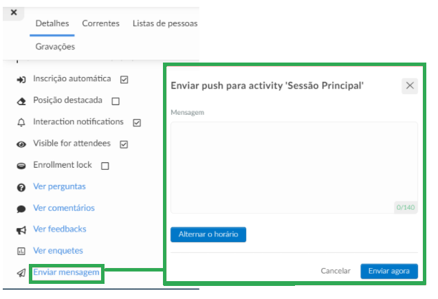 Captura de tela do envio de mensagens push dentro das atividades