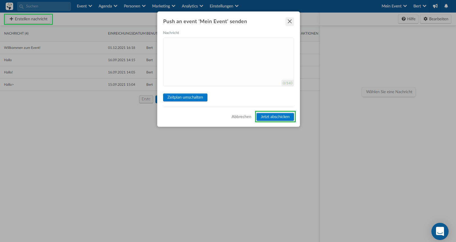 Sending a push message by going to Marketing > Communication > Push messages