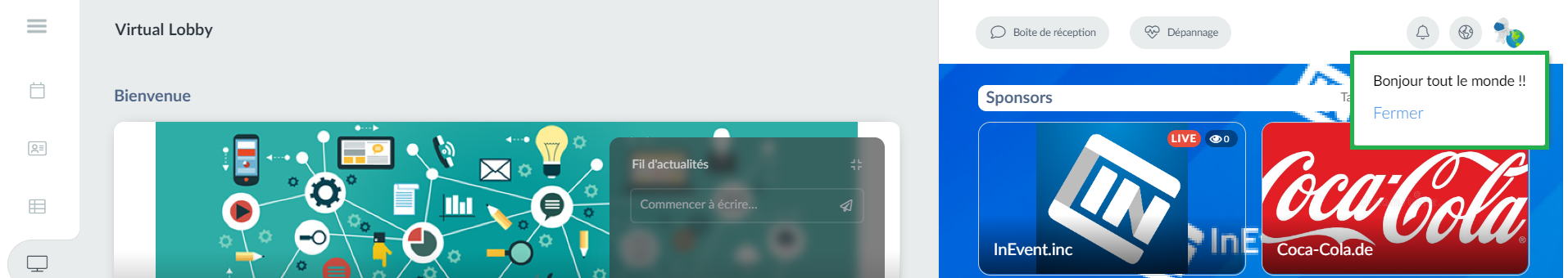 Capture d'écran indiquant comment messages apparaîtront dans le Virtual Lobby