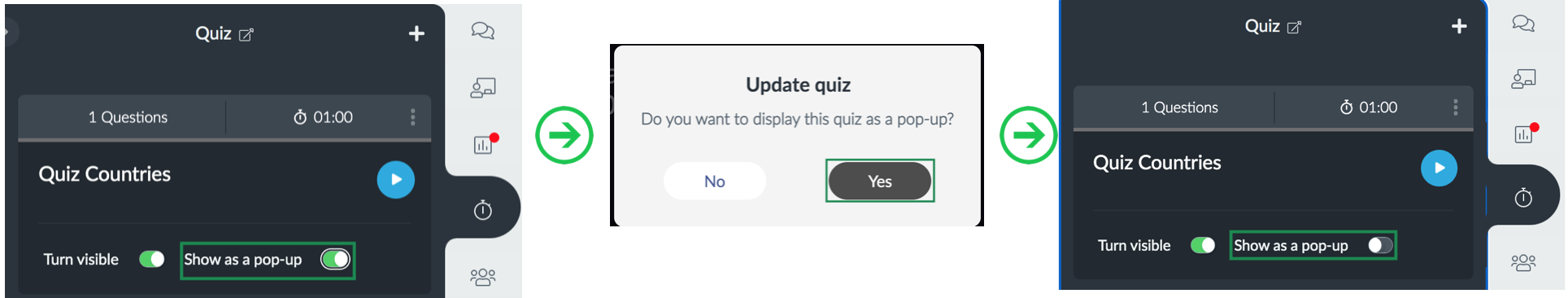 Image showing how to enable the show as pop up for quizzes