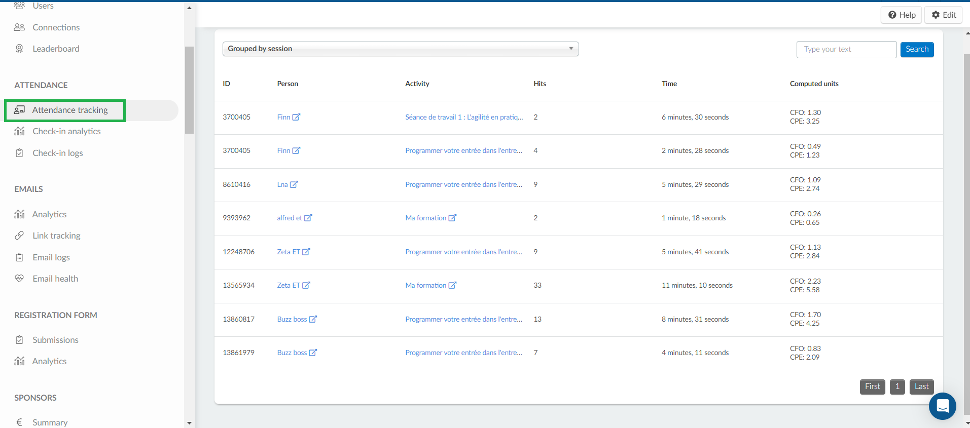 Attendance tracking report