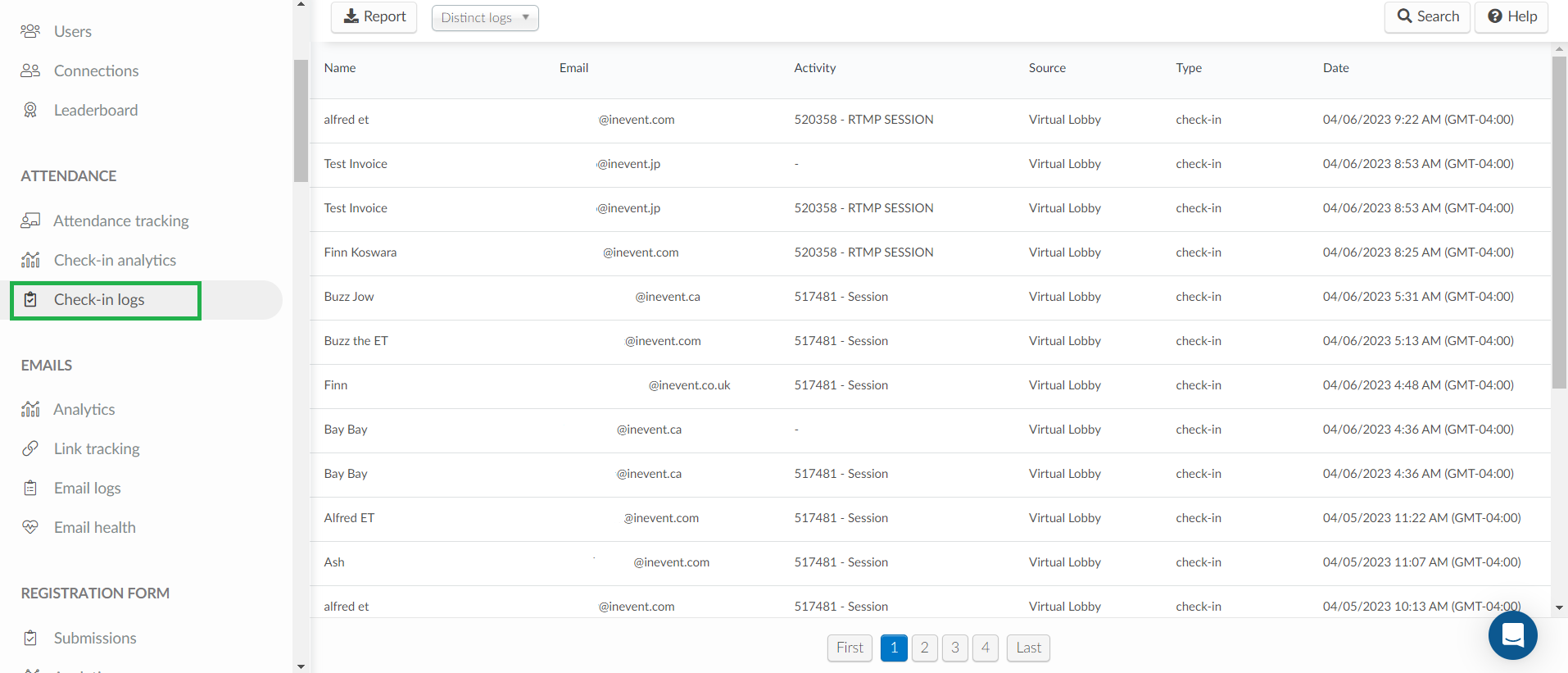 Image showing the tab check-in logs and the breakdown of  information on each check in: email, activity, source, Type and date