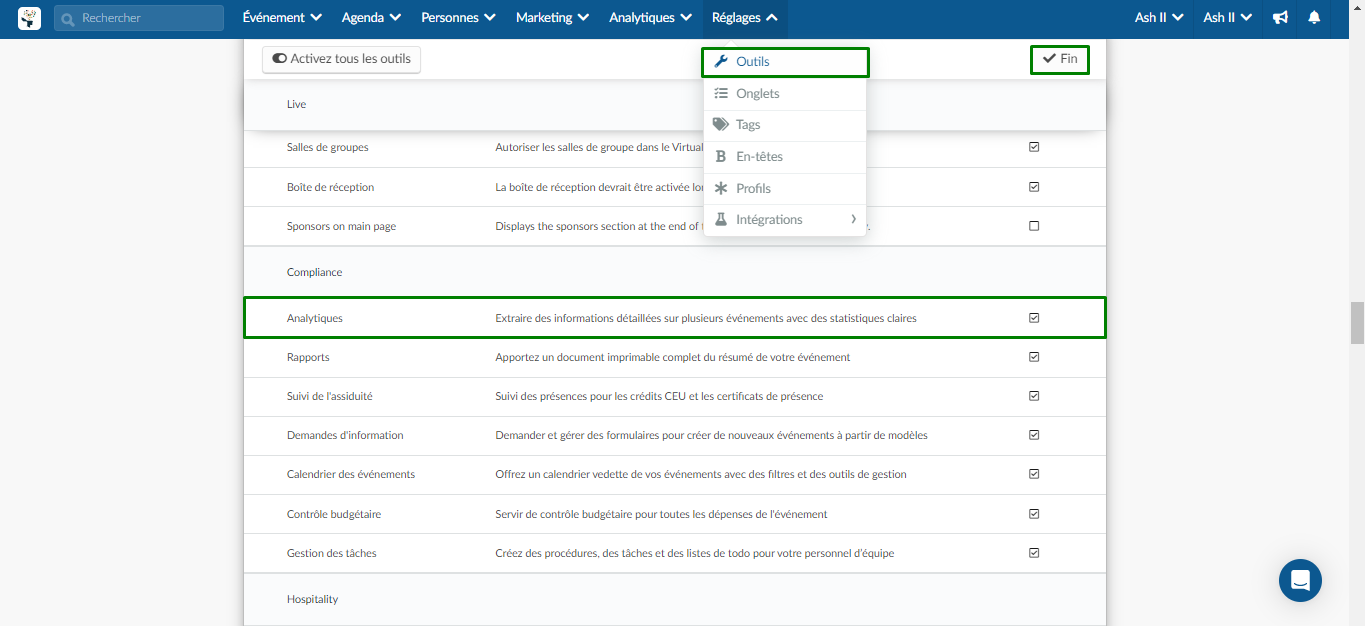 Capture d'écran montrant comment Activer de l'outil d'Analytiques