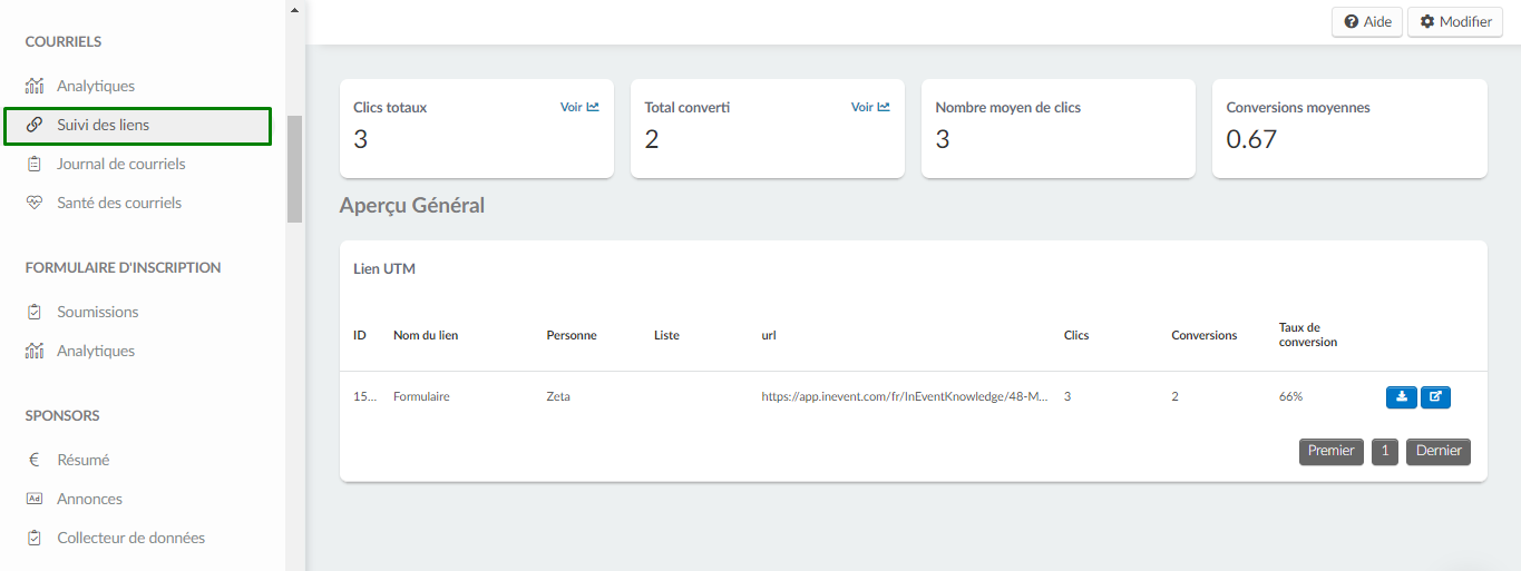  La page des rapports sur tous les liens UTM 