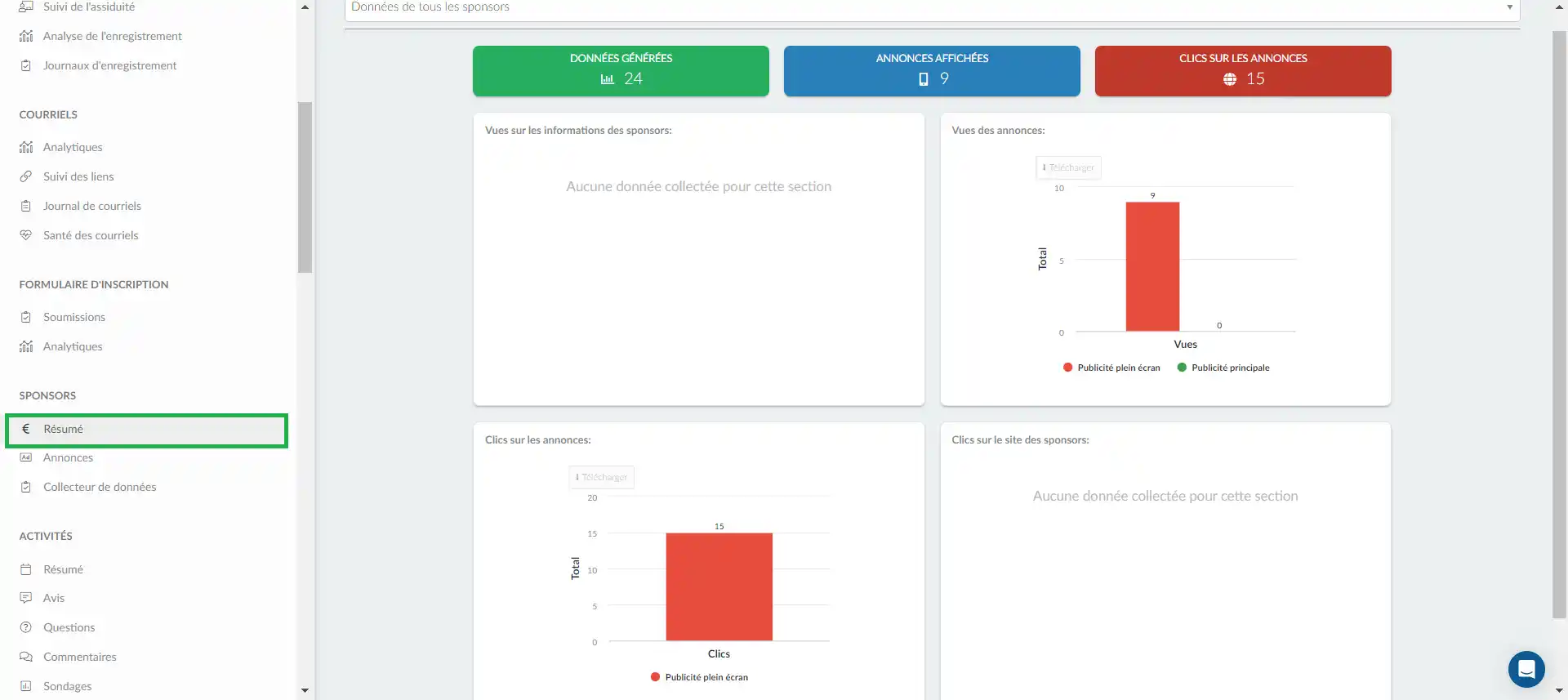 Capture d'écran montrant la page des rapports sur les données collectées en relation avec vos sponsors et exposants