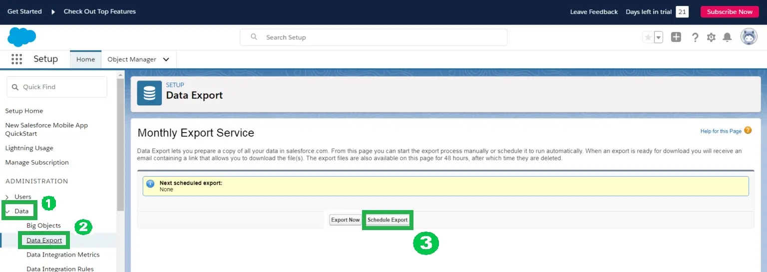 Les onlgets data et data export et le bouton Programmer l'exportation (Schedule Export