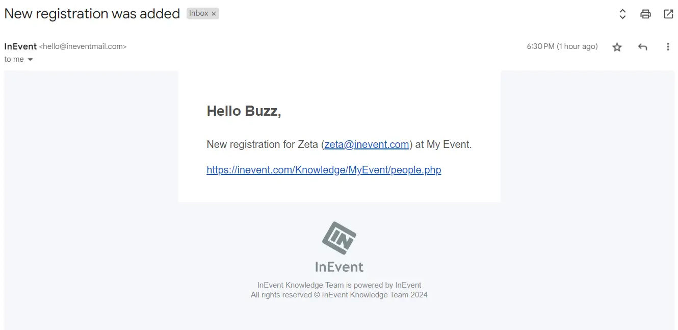 Image showing email notification when new registration has been added