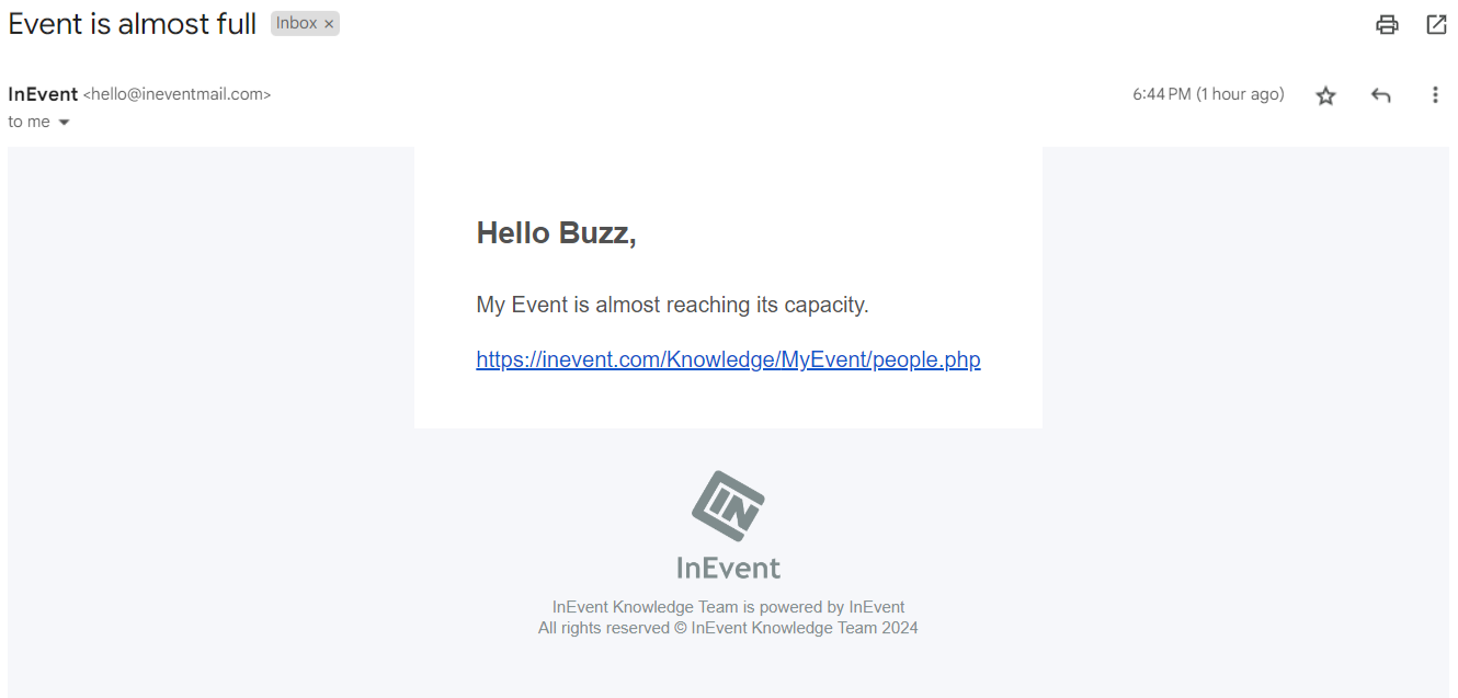 Image showing email notification that event is almost full