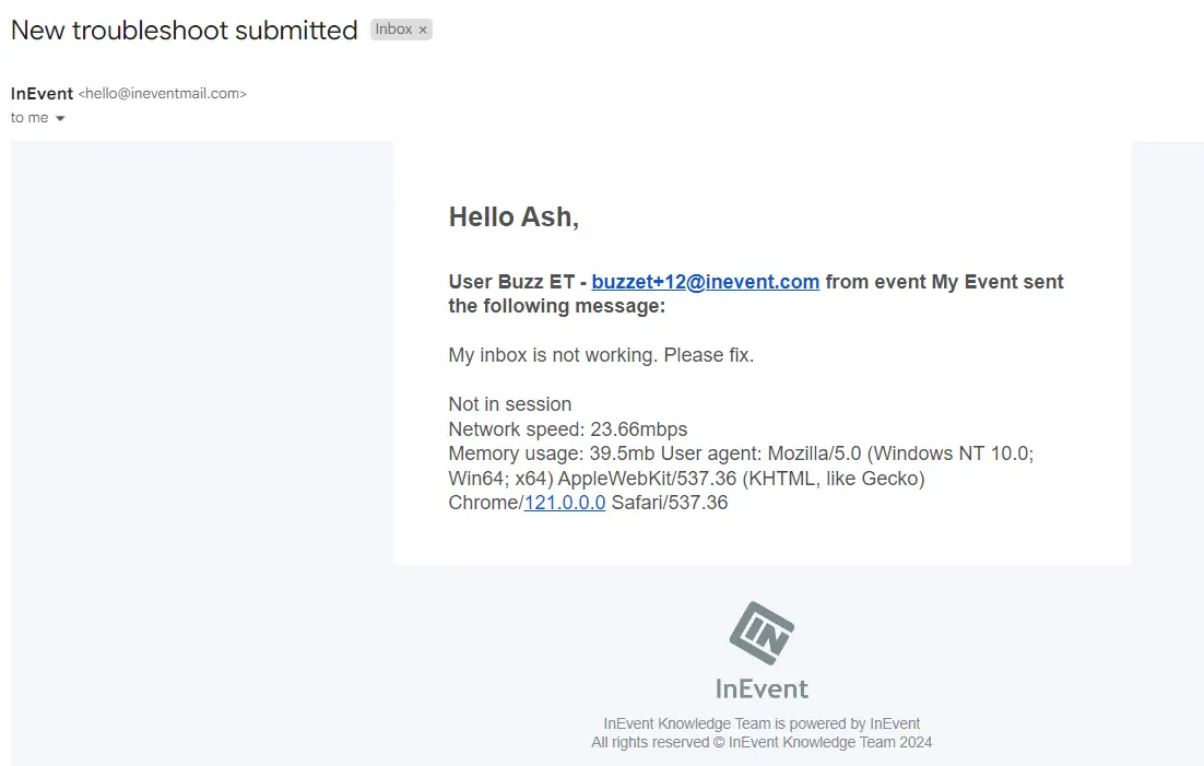 Image showing email notification when there is a new troubleshoot submission.