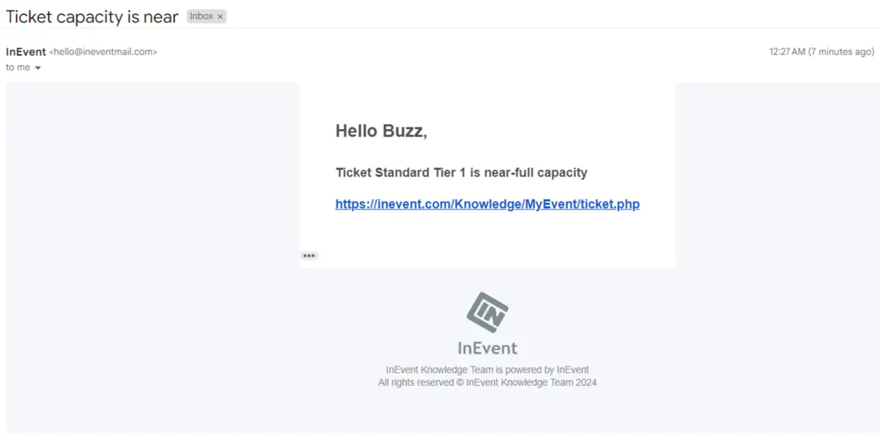 Image showing notification email for Ticket capacity alert. 