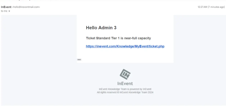 Image showing notification email for Ticket capacity alert. 