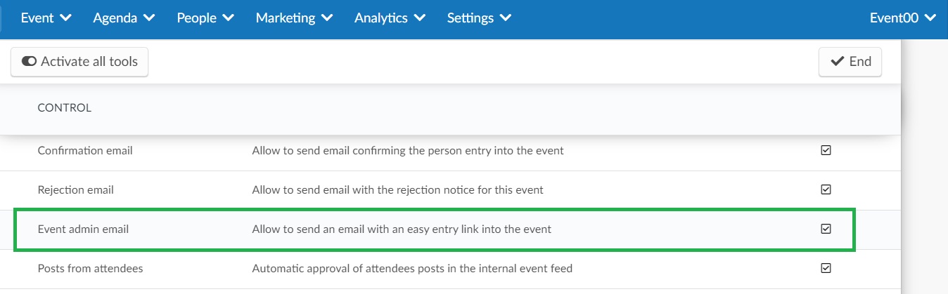 Enabling the event admin email