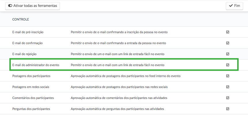 Ativando a notificação aos admin do evento