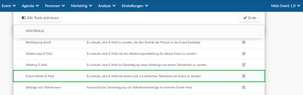 Enabling the event admin email