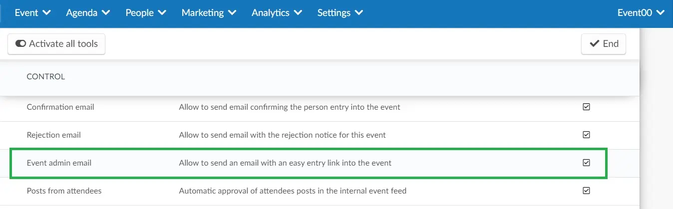 Enabling the event admin email