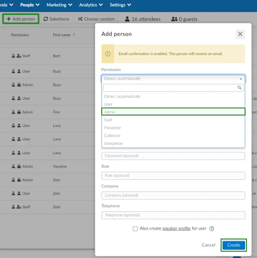 How to add new attendees and choosing roles as admin