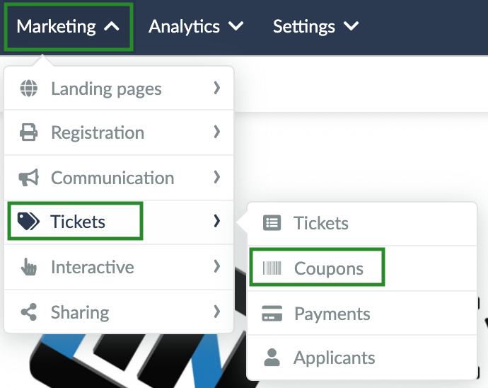 Screenshot of steps Marketing > Tickets > Coupons