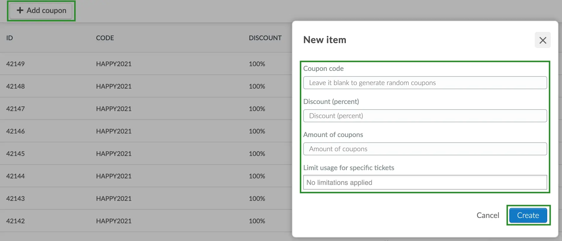 Screenshot of steps to add a new coupon