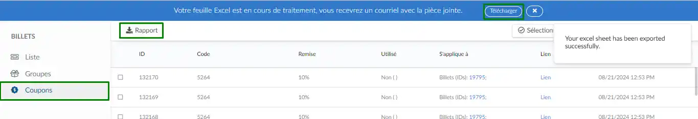 Comment télécharger un rapport sur les coupons crées 