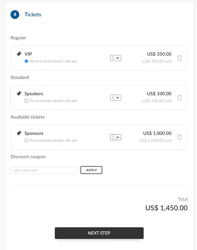 Image showing the Tickets section on the Purchase Form