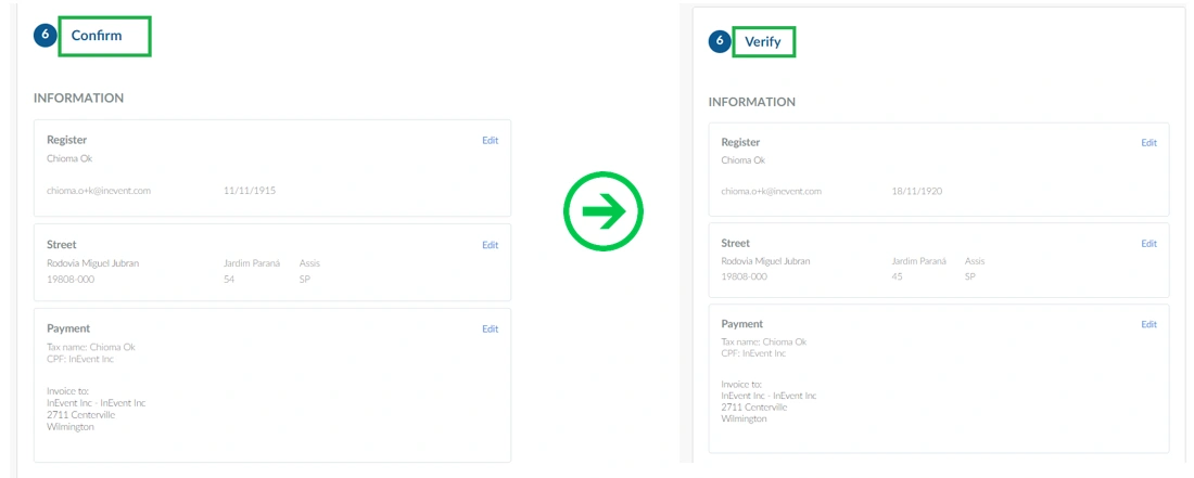 Example screenshot of the Purchase form before and after changing the Purchase form - Confirm title heading.