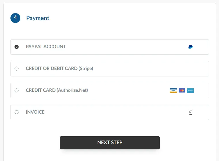 Image showing the Payment section of the Purchase Form