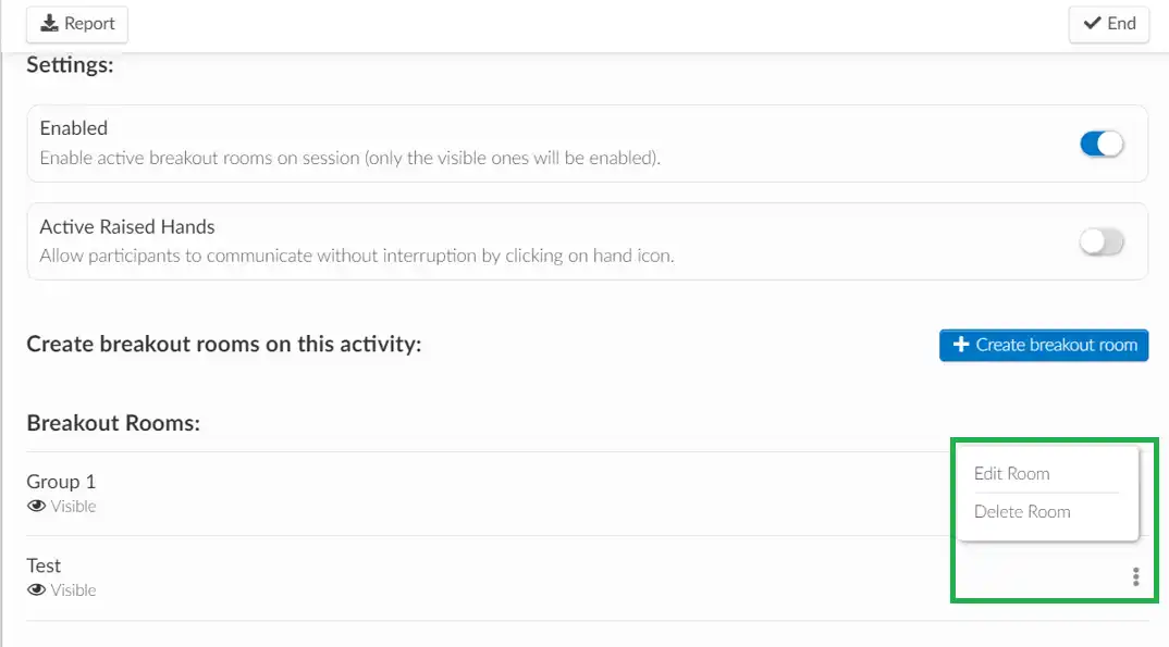 Image showing the Edit Room and Delete Room options available for breakout rooms