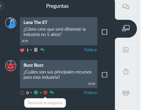 preguntas dentro de una sala en el Virtual Lobby