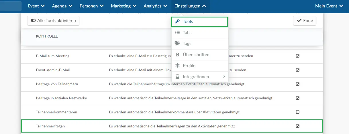 Einstellungen > Tools > Teilnehmerfragen