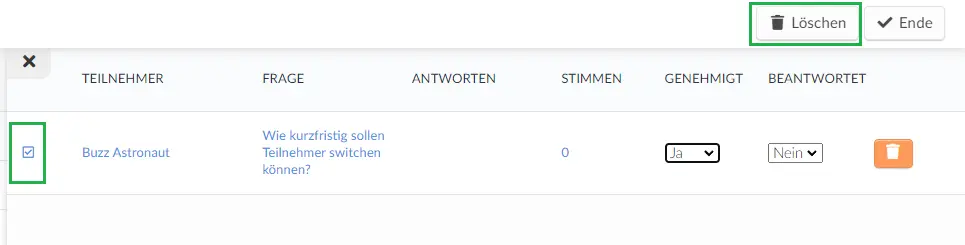 Fragen in der Plattform löschen
