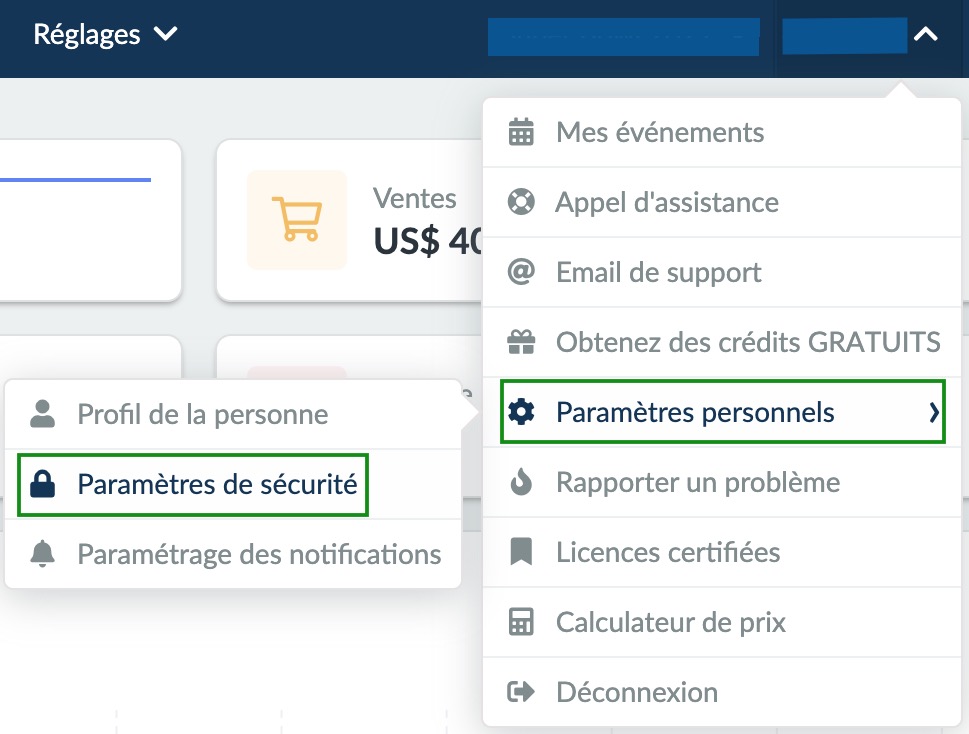 Paramètres personnels > Paramètres de sécurité pour activer l'authentification à deux facteurs