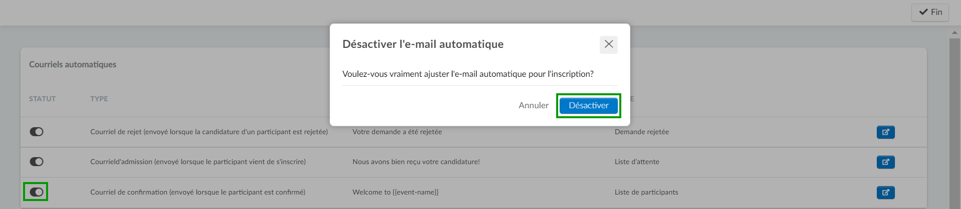 utiliser le commutateur pour désactiver un courriel automatique