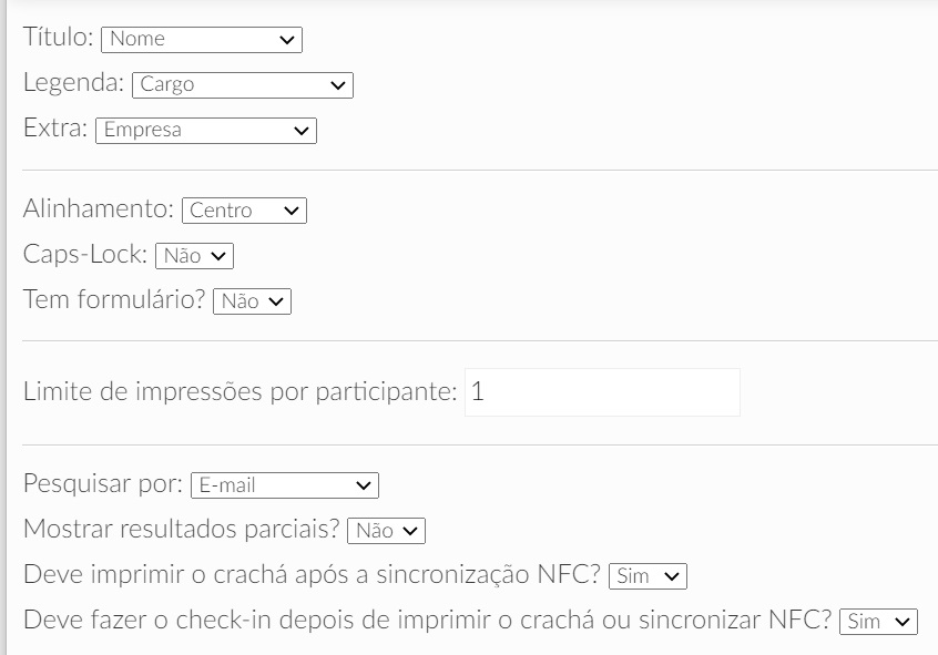 Opções de configuração de etiqueta