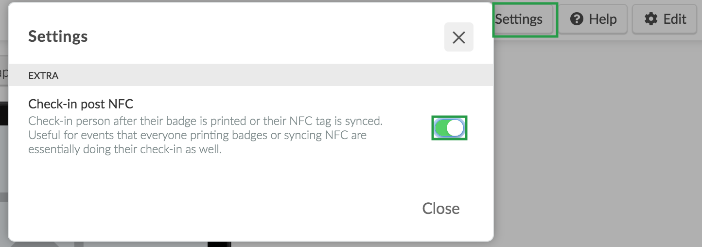 Screenshot showing the settings pop-up with the NFC tool on the settings page