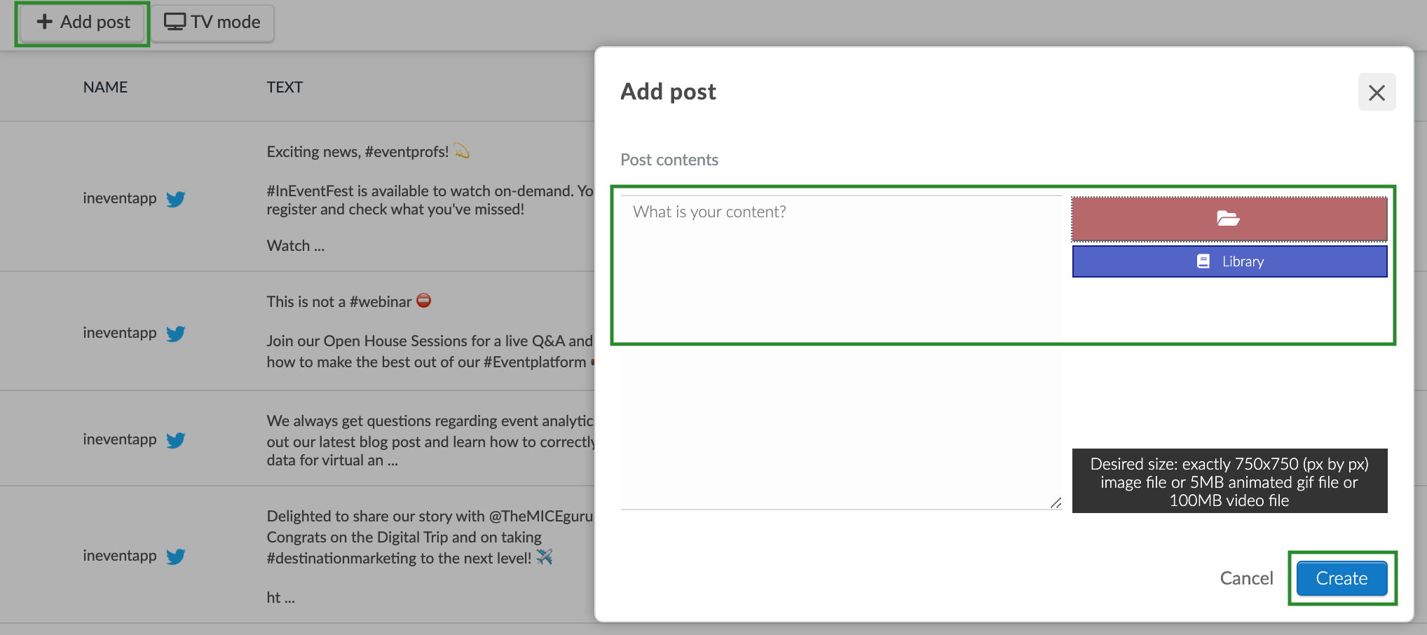Screenshot of how to add a new post to the feed