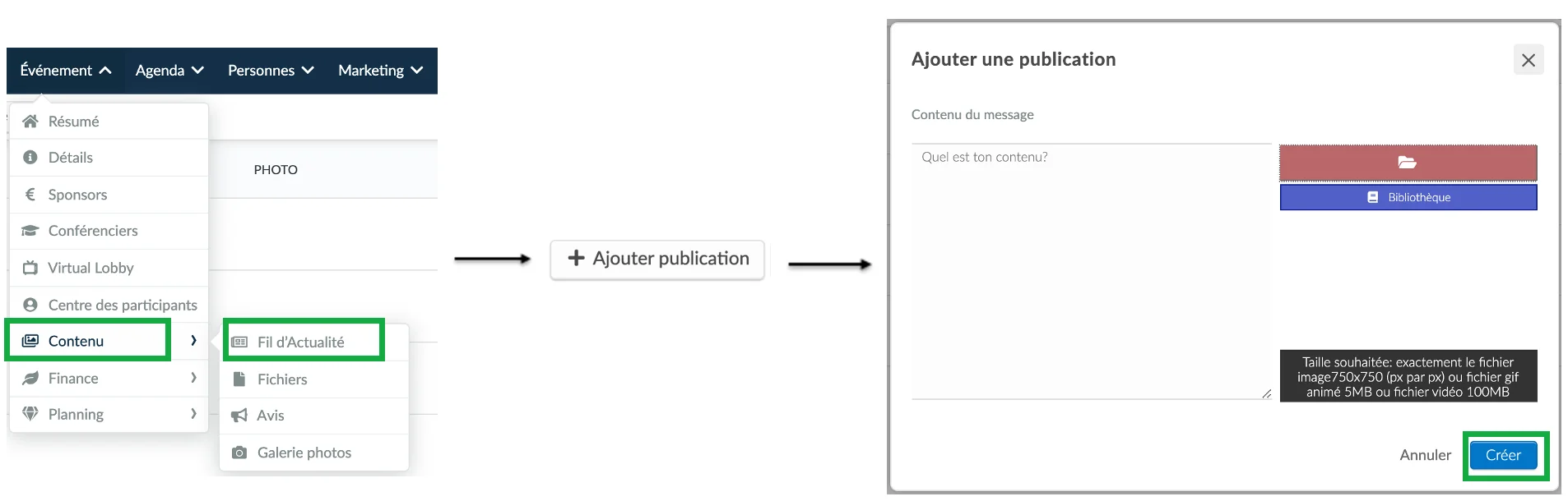 Capture d'écran de la création d'un poste sur le fil d'actualité