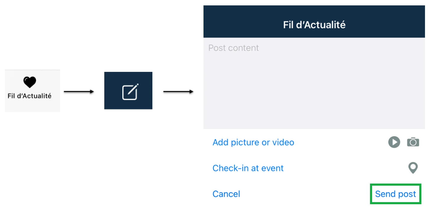 Capture d'écran de la création d'un poste sur le fil d'actualité de l'application