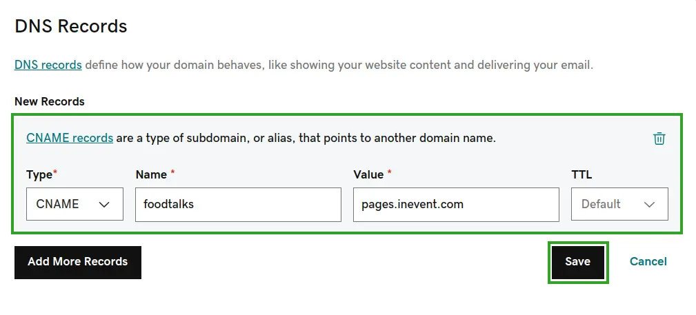 Screenshot showing the CNAME-type DNS record configuration.