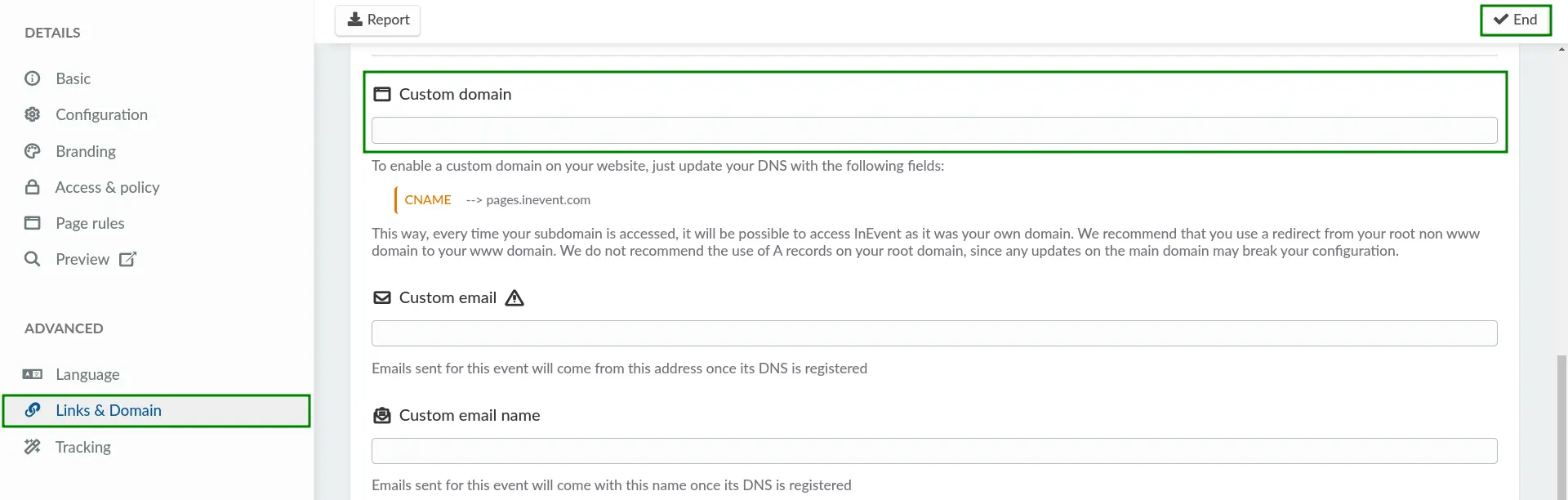 Screenshot showing the Custom domain field in the Event details page.