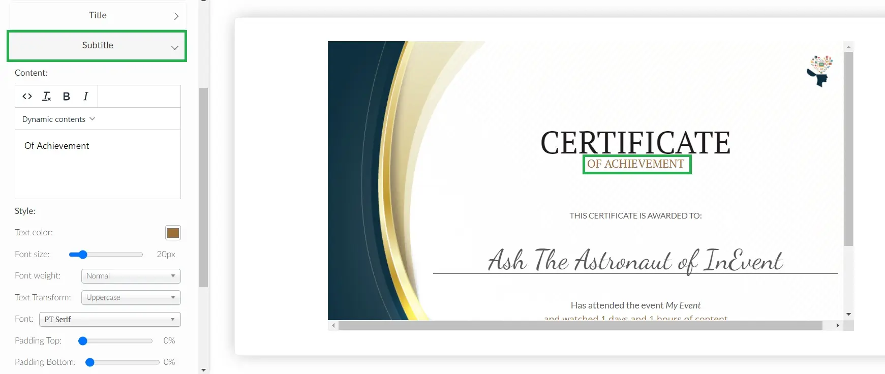 Customizing the subtitle of the certificate