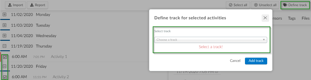 Screenshot of steps to Define Track>add track
