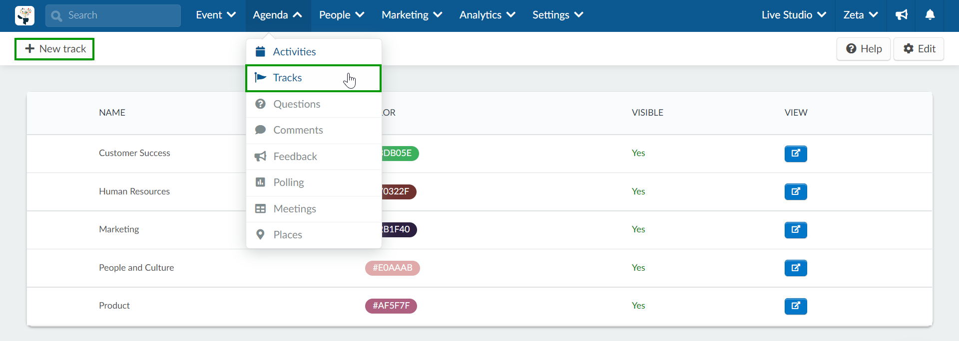 screenshot of Agenda > tracks