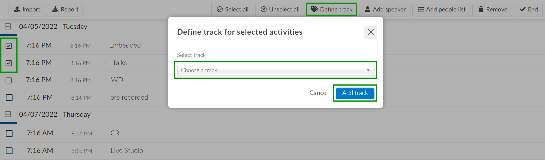 Screenshot of steps to  Define Track>add track