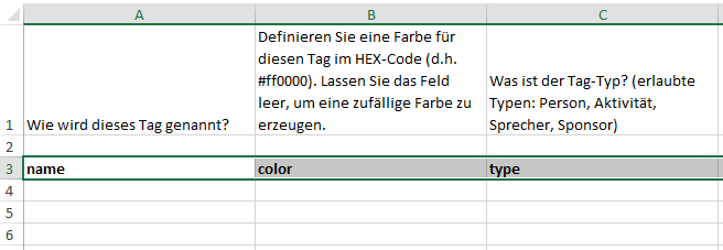 Importing tags on spreadsheets