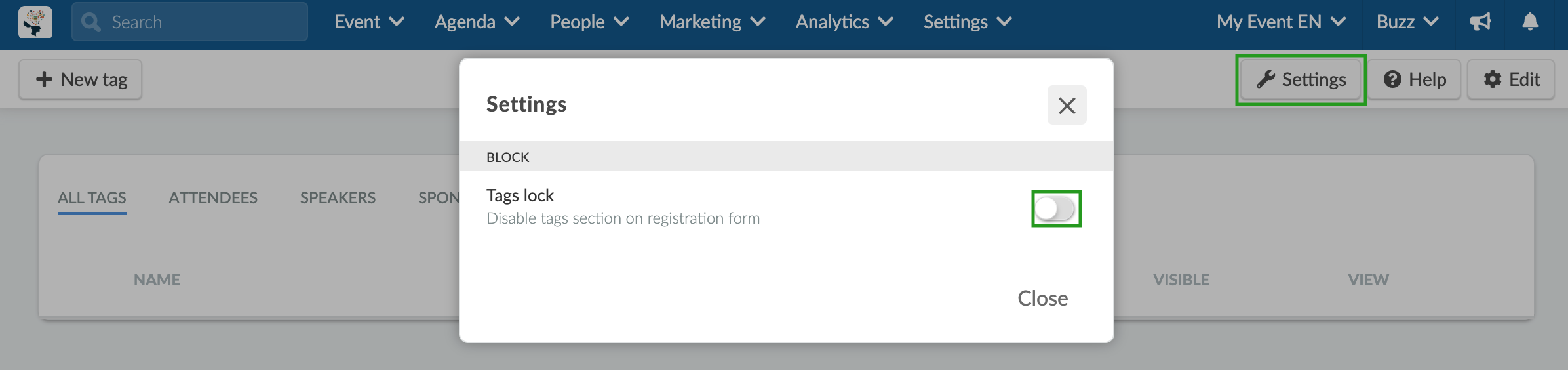 Image showing the Settings pop-up that provides the option to disable the tags section from RF