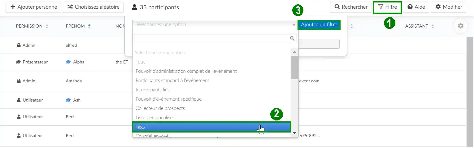 Filtrer les participants en fonction de leurs tags