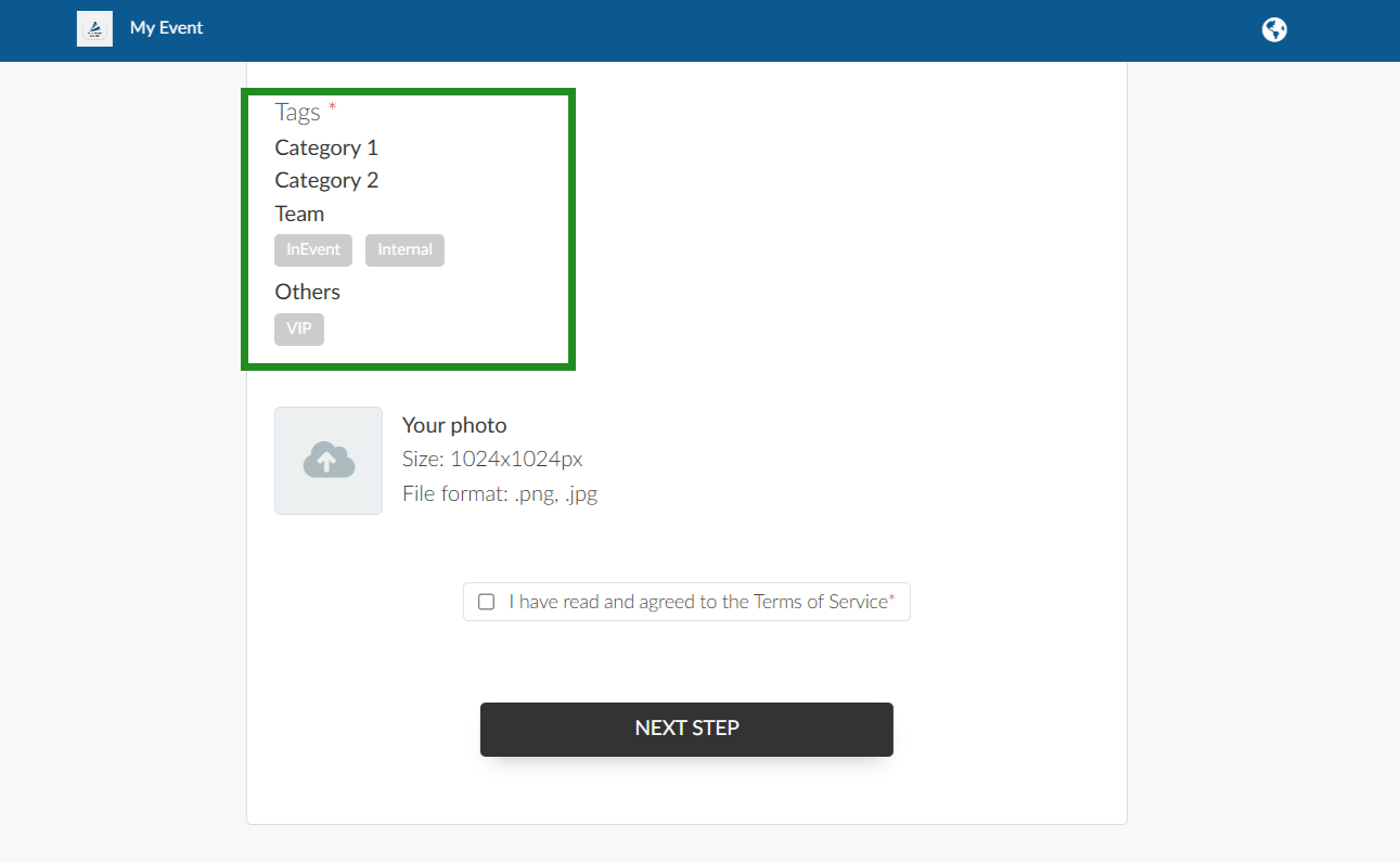 Image showing tags and tag categories on the Registration Form