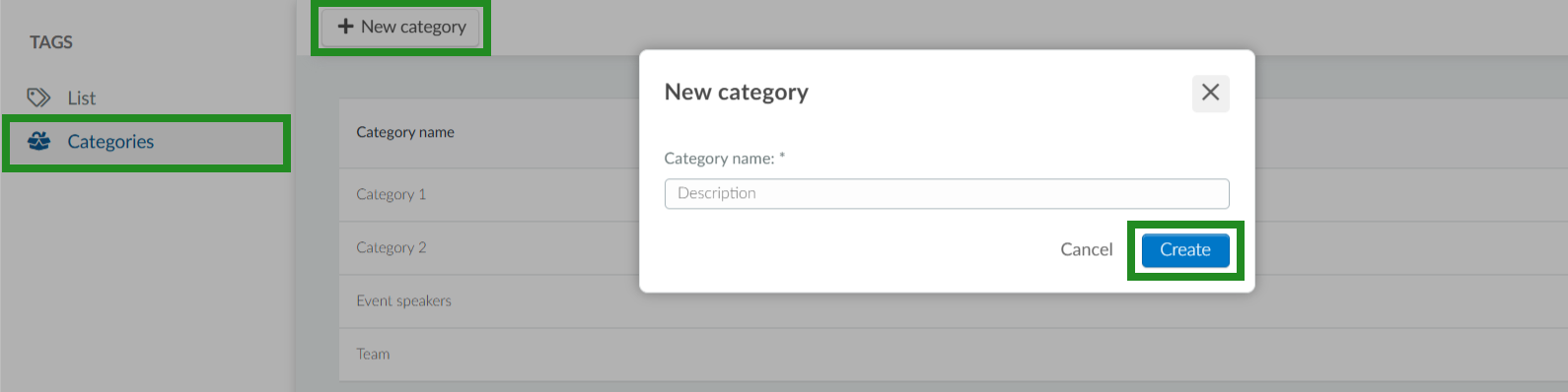 Image showing Settings > Tags > Categories and pop up window showing category name field.