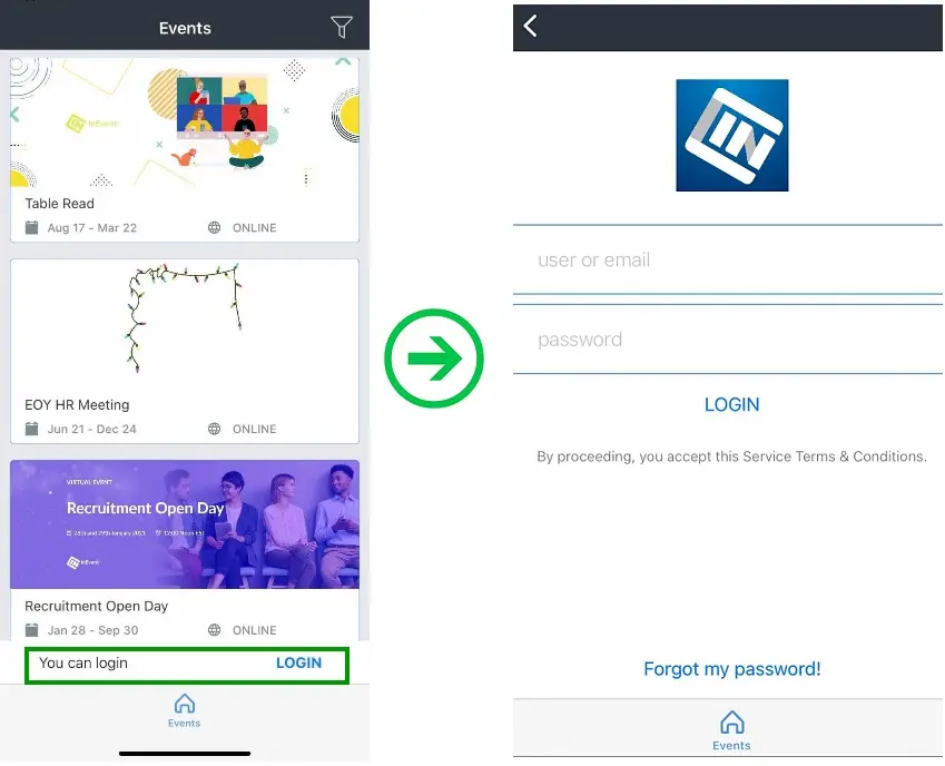 Screenshot showing the event directory & login