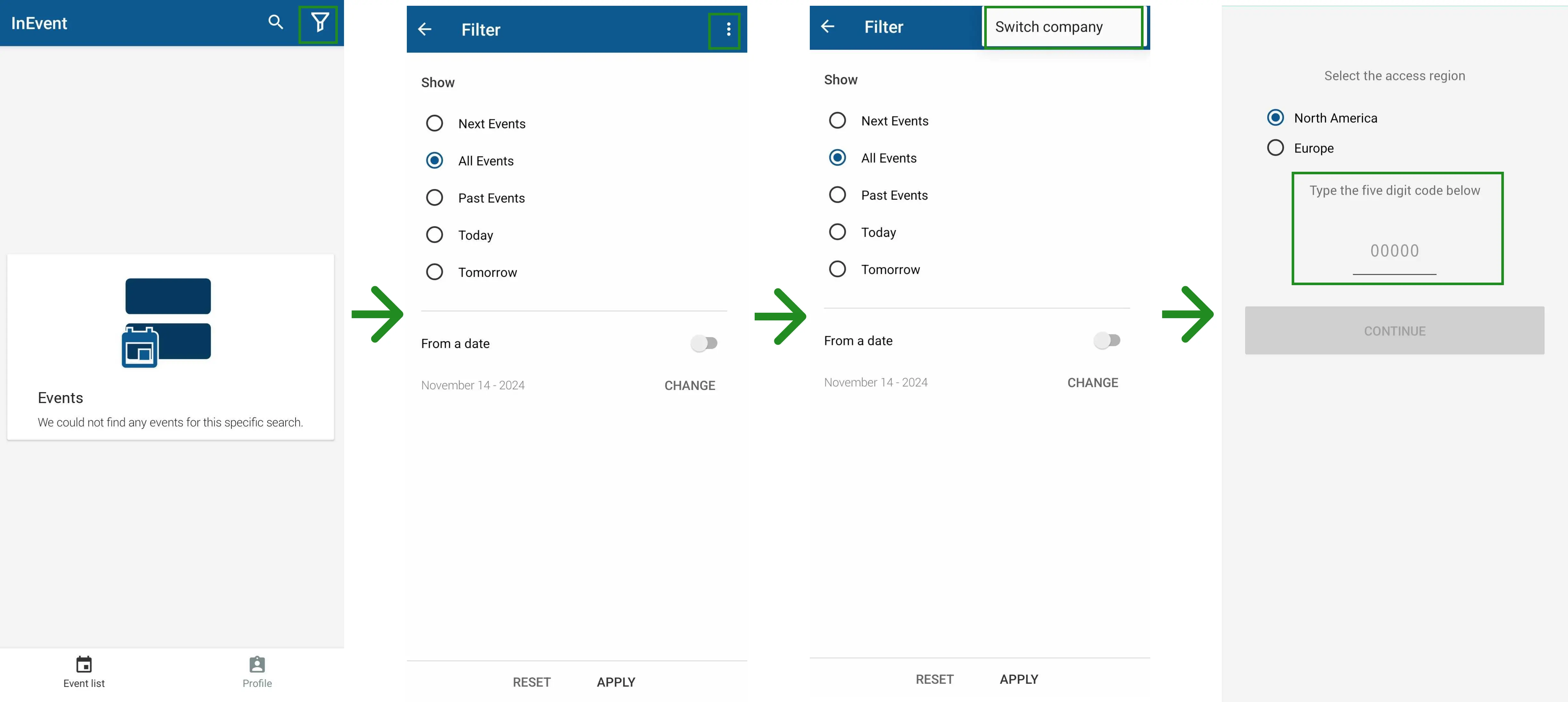 Screenshot of switching companies on Android